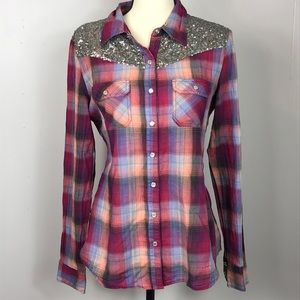 BKE Fitted Pink Plaid Button Down Shirt
